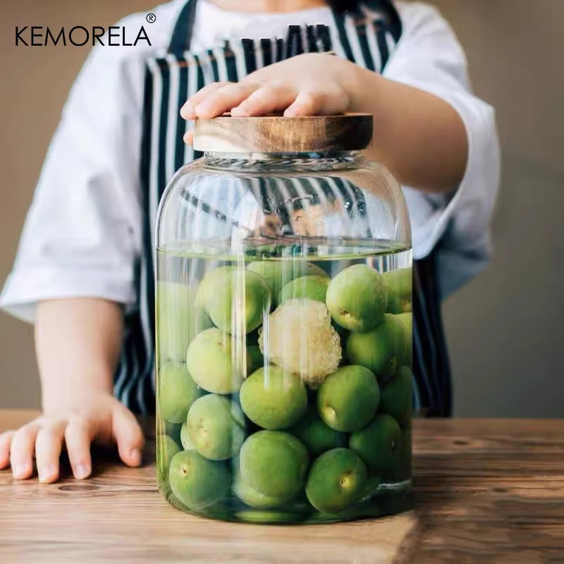 KEMORELA 3L pots de verre de cuisine avec couvercle hermétique d'acacia pour farine et sucre récipient de nourriture