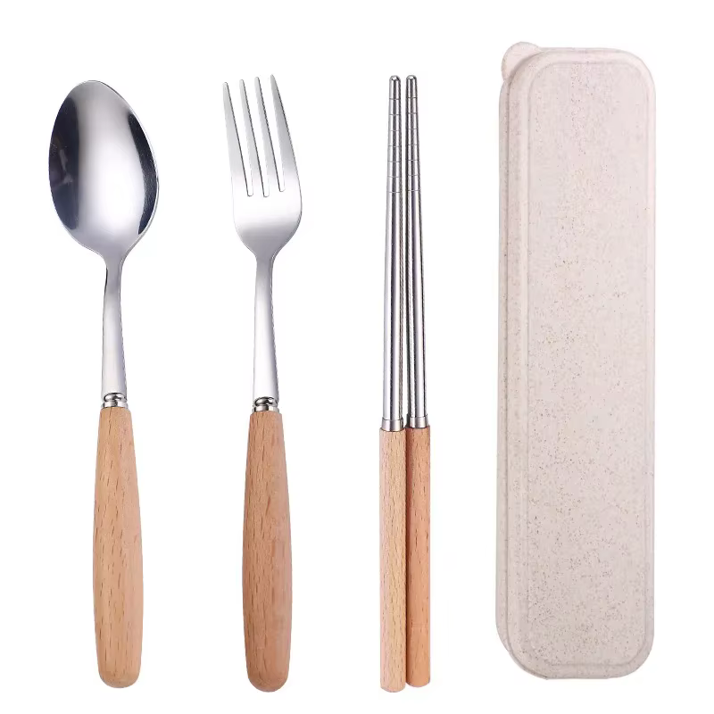 Ensemble de vaisselle en acier inoxydable avec manche en bois