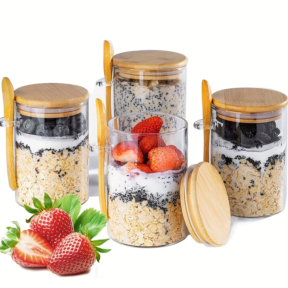 Pots en verre hermétiques avec couvercles et cuillères en bambou