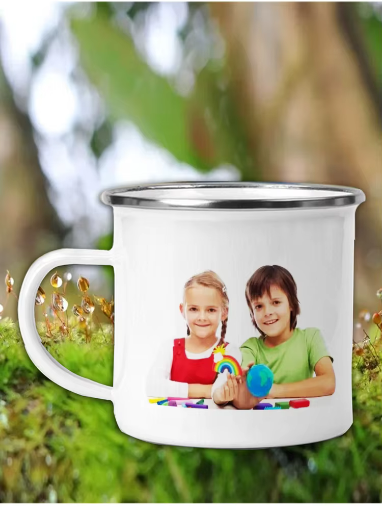 Impression de tasse en émail personnalisée avec photo et texte de LOGO