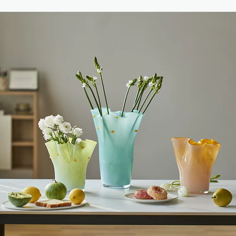 Vase en verre à bord ondulé, plissé, dégradé de couleur, bouteille en verre hydroponique, vase à fleurs, terrarium, accessoires de décoration pour la maison