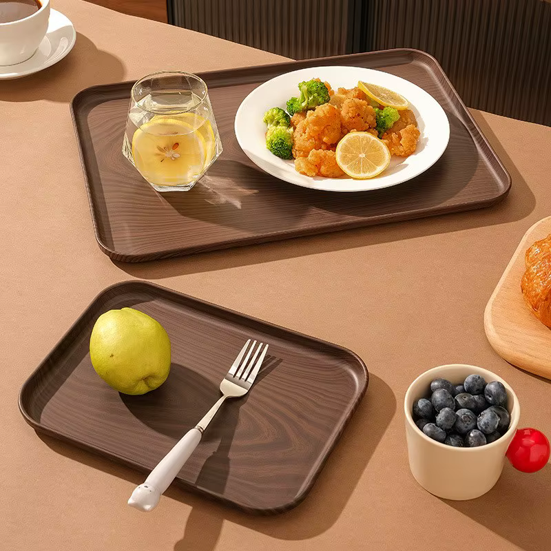 Plateau de service rectangulaire en plastique grain de bois