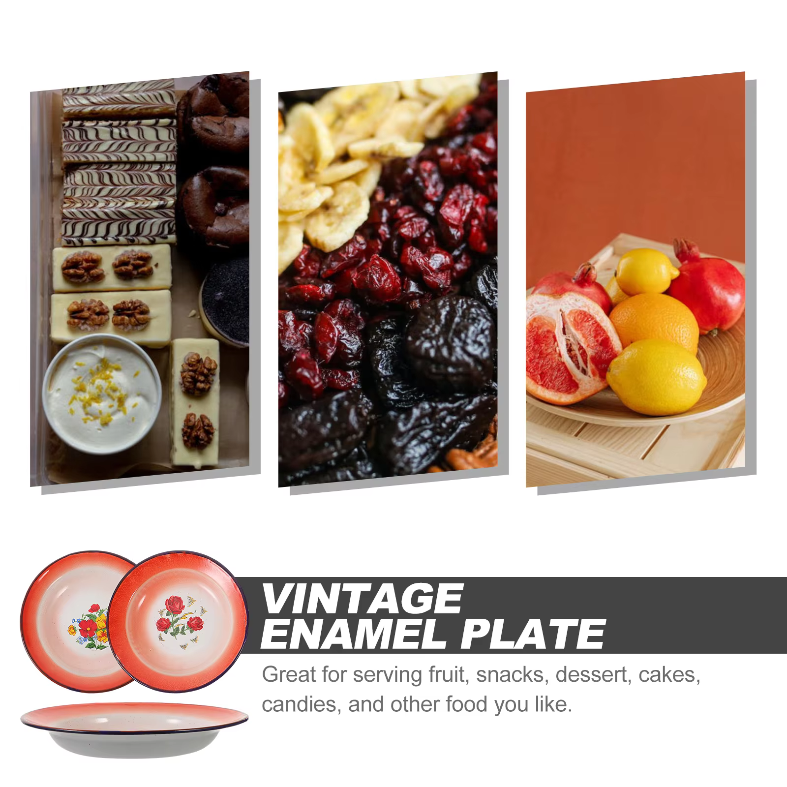 Assiette en émail vintage, plat alimentaire, Assiette à pizza Assiettes à collation diligence Camping Condiment Beaucoup de plateaux de fruits 3 pièces