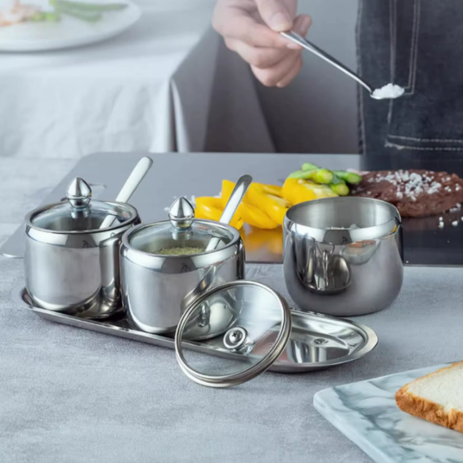 Pot à sucre pour bar à café avec couvercle en verre et cuillère