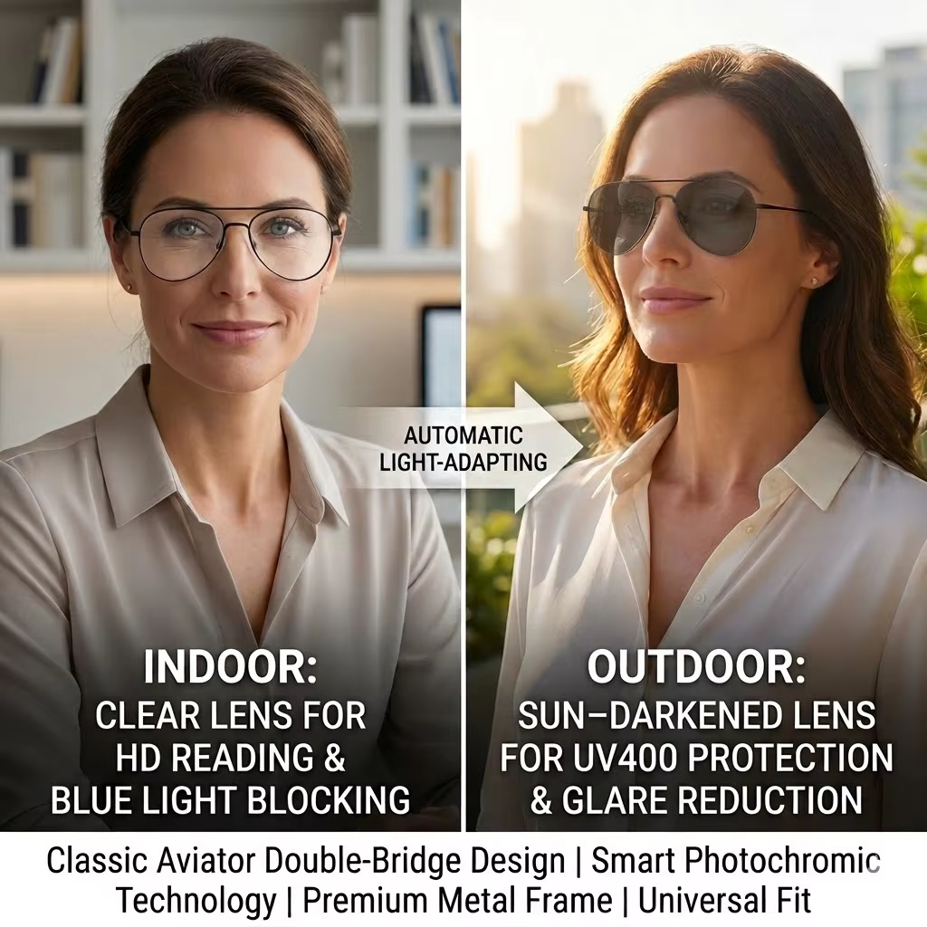 Lunettes de lecture photochromiques multifocales progressives, style aviateur à grande monture élégante, vision claire, confortables à porter, adaptées aux hommes et aux femmes.