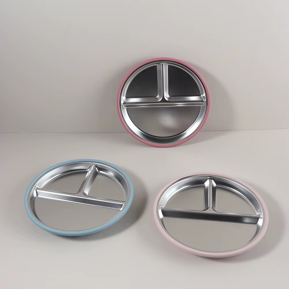 Assiette pour enfants en acier inoxydable avec bord en silicone
