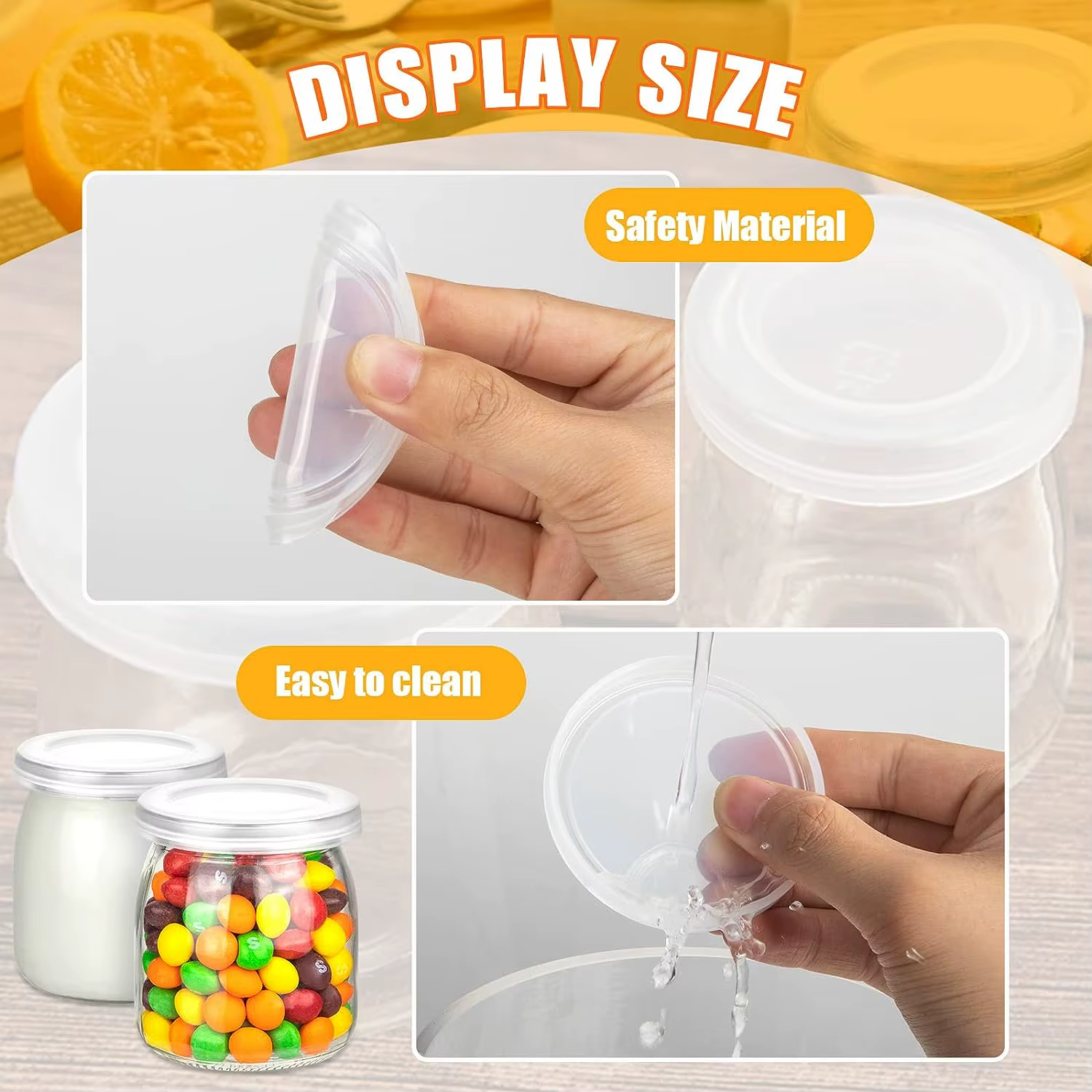 Pots en verre transparent de 4oz avec couvercles en PE
