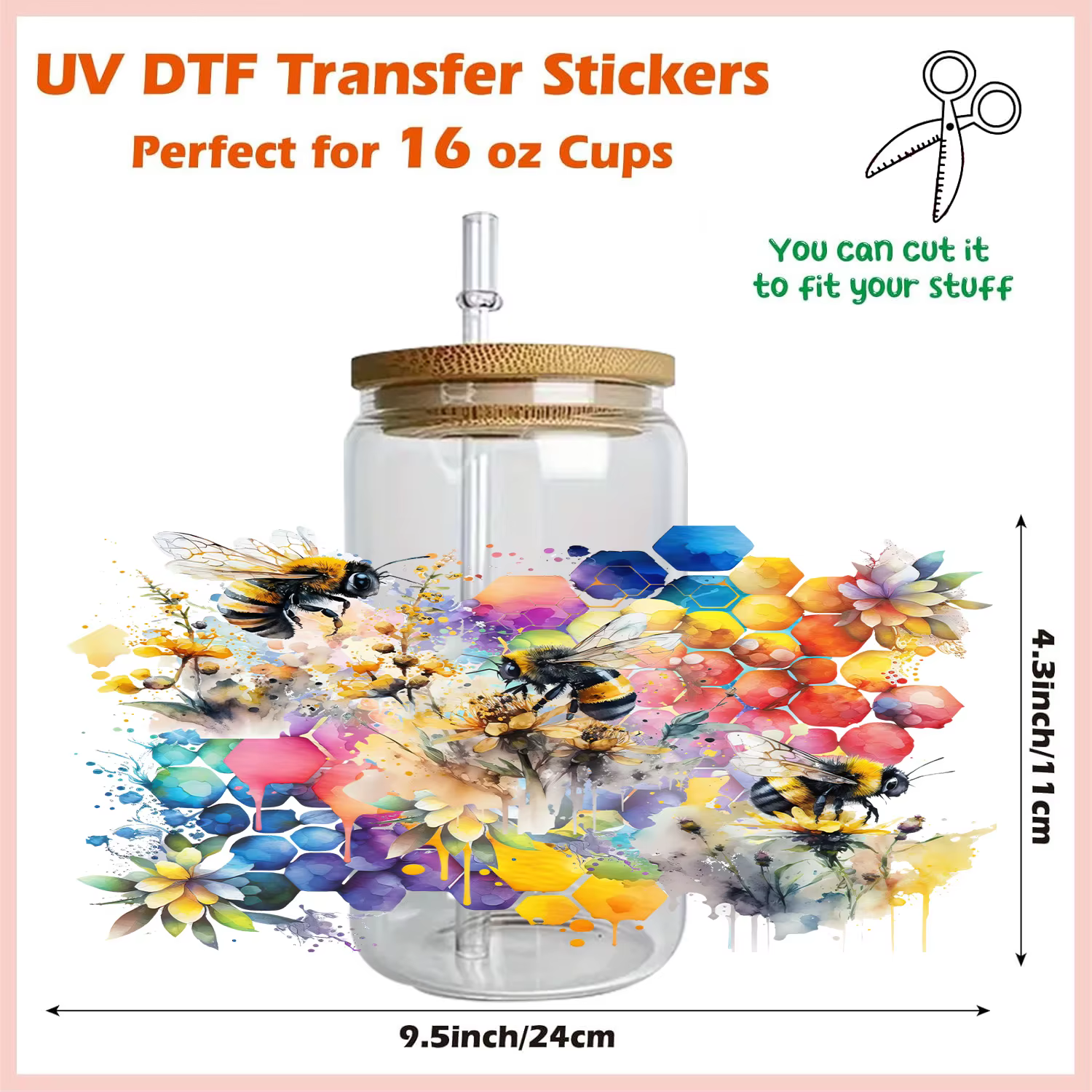 Thème abeille miel 16oz Libbey verre tasse enveloppes bricolage UV DTF autocollant motif papillon étanche 3D