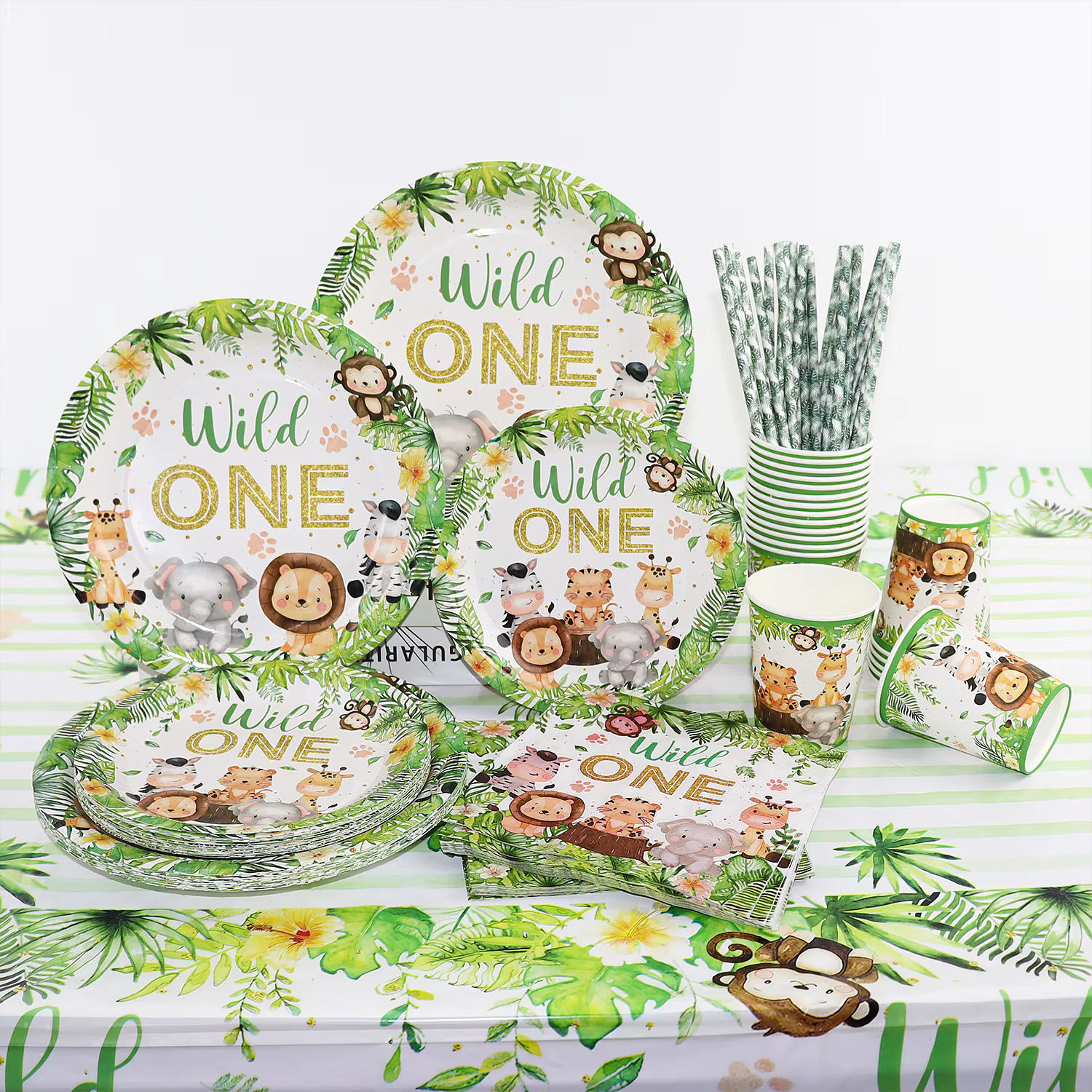 Décorations de fête d'anniversaire de la forêt et de la Jungle, ensemble de nappe avec animaux sauvages, fournitures de fête d'anniversaire pour Safari dans la forêt
