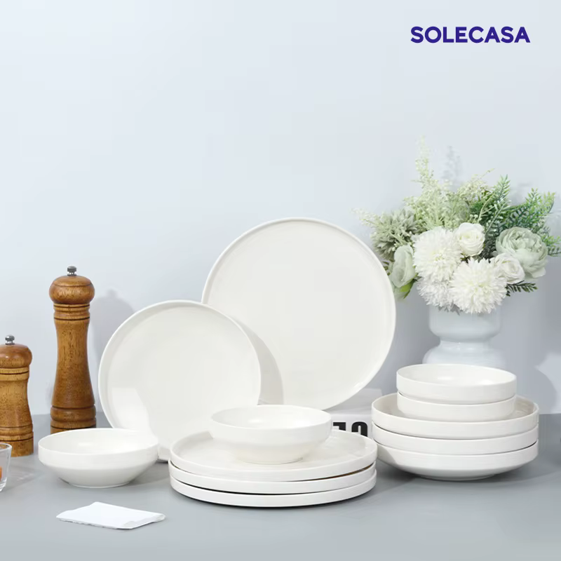 SOLECASA 3/12 pièces ensembles de vaisselle en porcelaine bols et assiettes blancs plat résistant aux rayures bol en céramique assiette à dîner Spaghetti