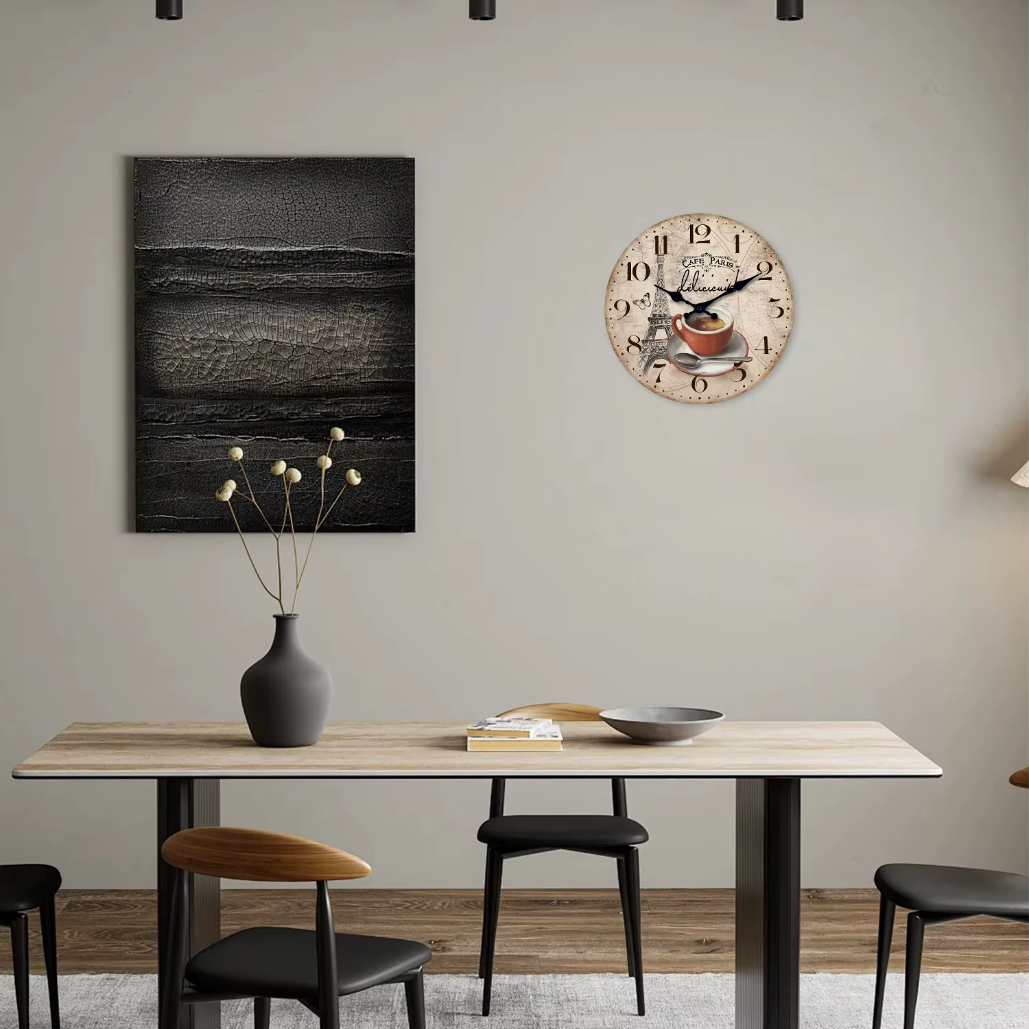 Français rétro Paris Tour Eiffel Tasse à café Horloge murale en bois Salon Chambre Cuisine Décoration de la maison