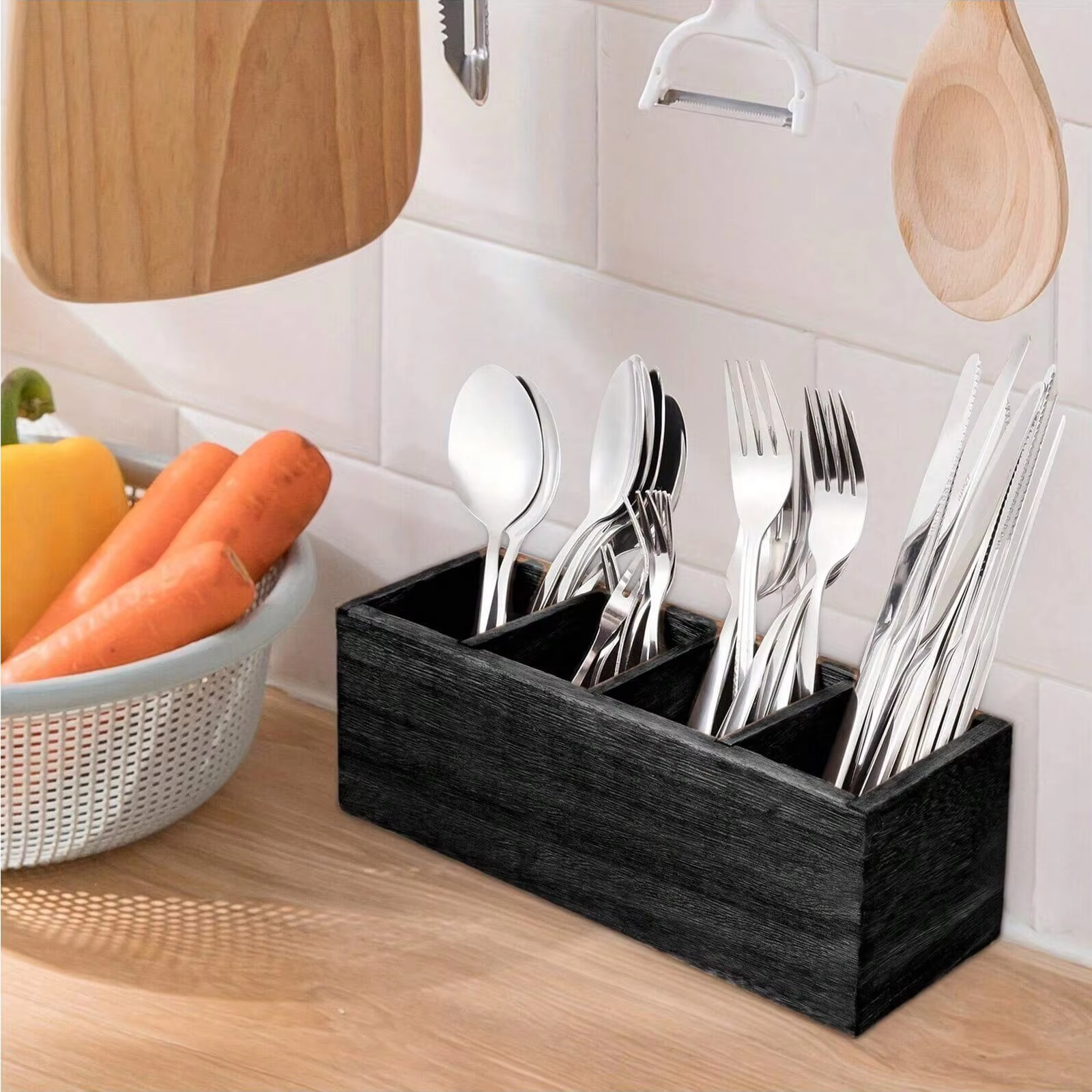 Organisateur de couverts en bois avec 4 compartiments pour ustensiles de cuisine