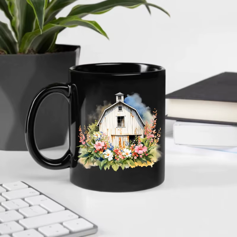 Tasse à café en céramique avec grange de ferme noire avec motifs floraux et légumes pour la maison