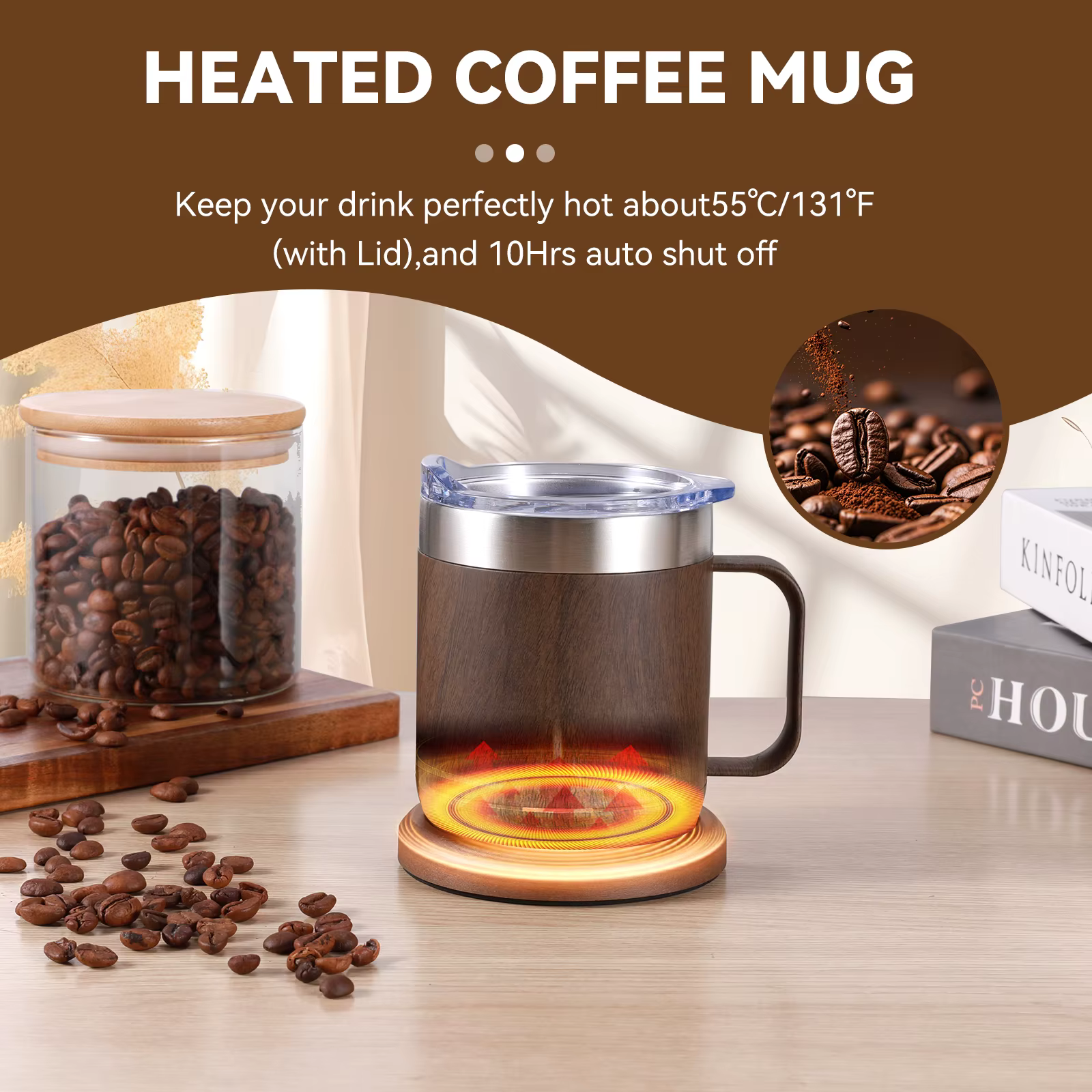 Tasse à café auto-chauffante Chauffe USB intelligent avec 55 ° C (131 ° F) Thermostat Double couche chauffe-tasse de qualité alimentaire pour bureau/maison/cadeaux