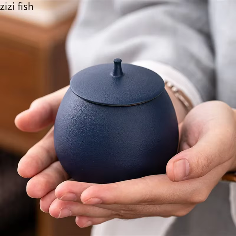 Boîte à thé en grès pot rond scellé caddie à thé en céramique