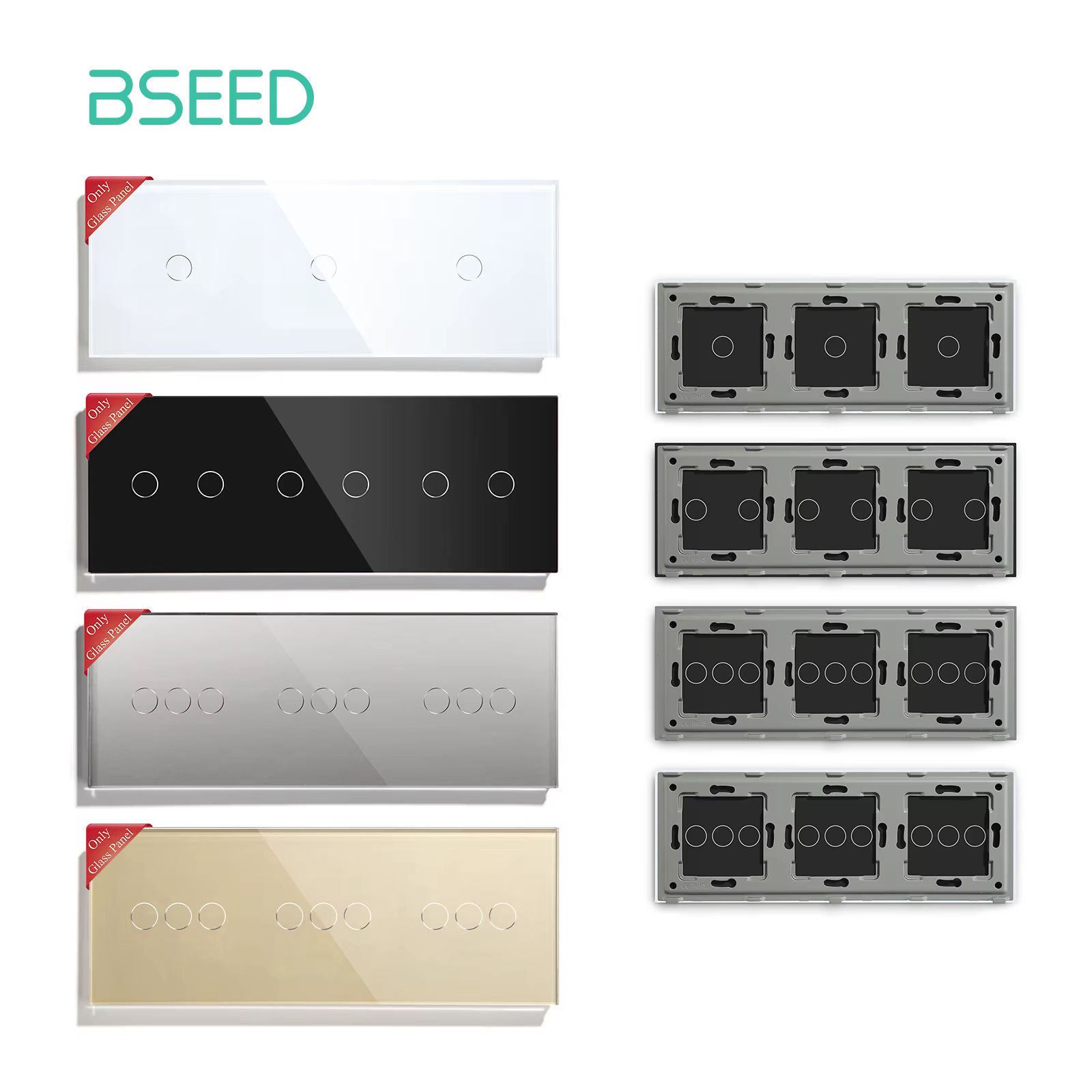 BSEED-Panneau en verre triple pour interrupteur mural, cadre en métal, blanc nacré, noir, doré, pièce de fonction bricolage, seulement 228mm, 1 gang, 2 gangs, 3 gangs