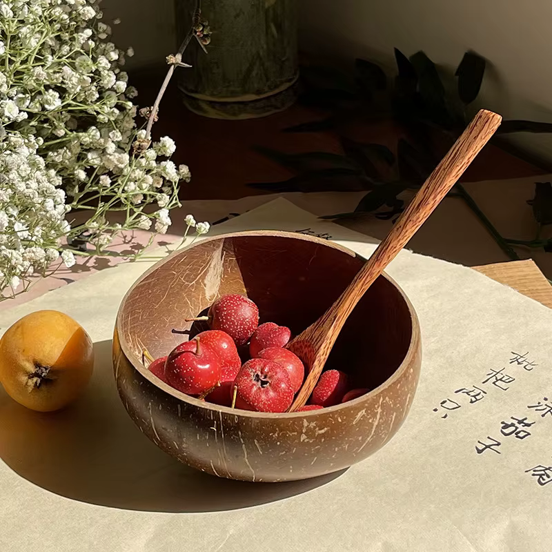 # Bol en noix de coco naturel fait main | Vaisselle écologique avec fourchette et cuillère pour dessert