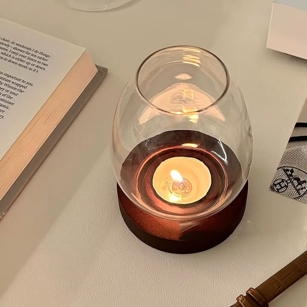 Bougeoirs en verre avec couvercle de tasse rond avec Base en bois
