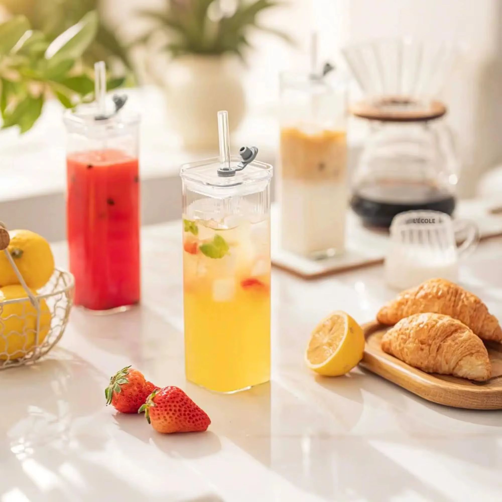 Gobelets carrés en verre avec couvercles/pailles – Ensembles de verres transparents pour café