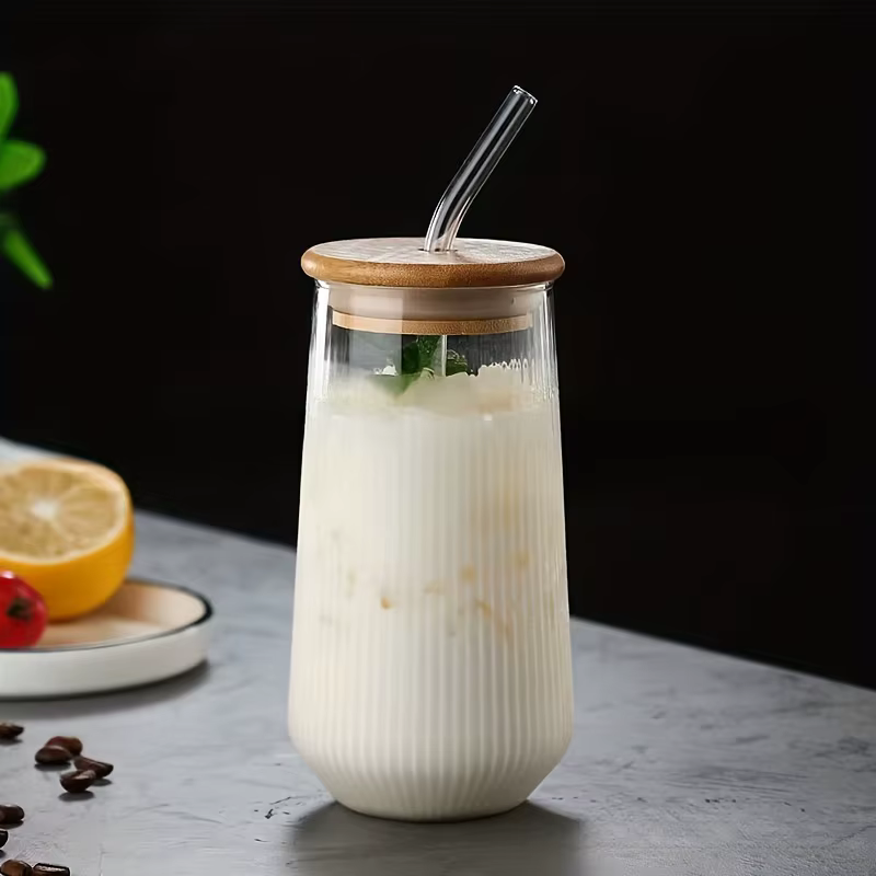 EllMORELA-Tasse en Verre Transparente à Rayures Verticales avec Couvercle