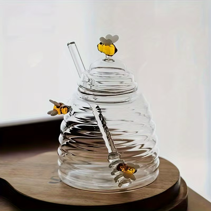 Pot à miel en verre avec cuillère et couvercle