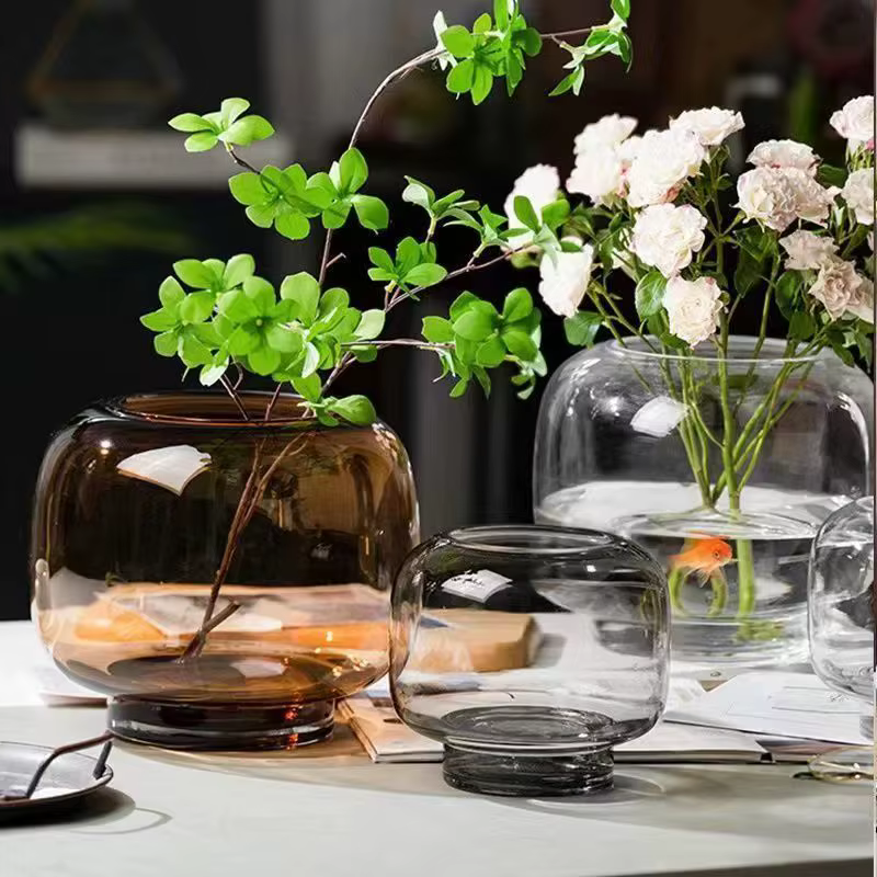 Vase en verre Transparent avec conception circulaire à grande bouche