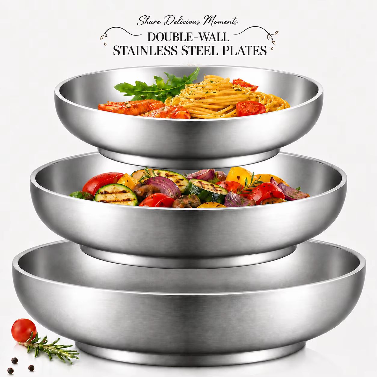 Assiettes à double paroi 22/24/26 cm en acier inoxydable 304