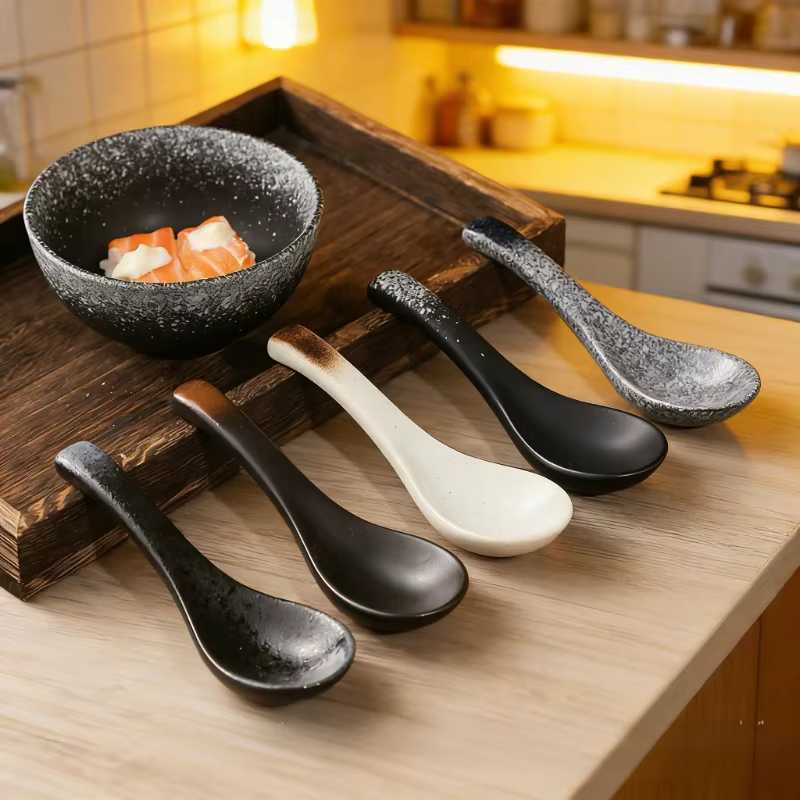 Ensemble de vaisselle en céramique japonaise vintage : cuillères à soupe