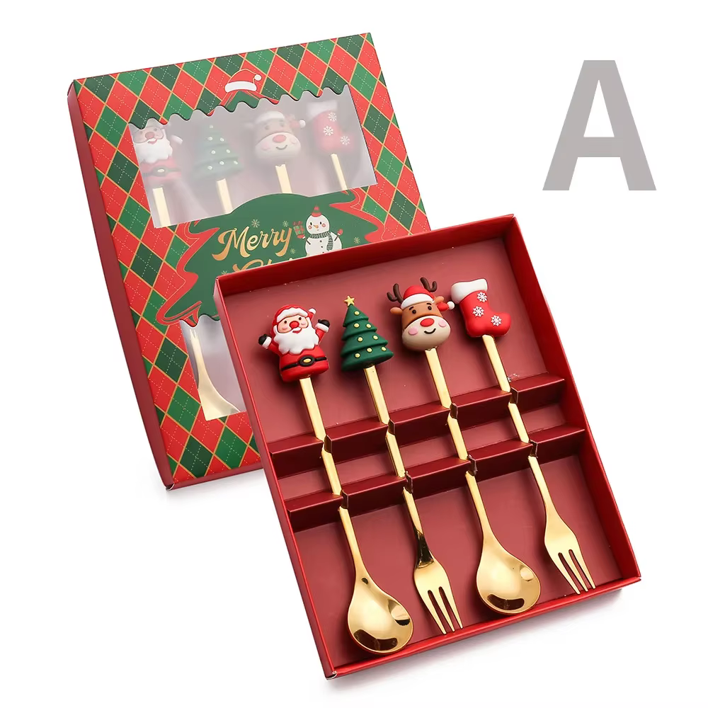 4 pièces/ensemble cadeau de noël or argent cuillère fourchette ensemble wapiti arbre