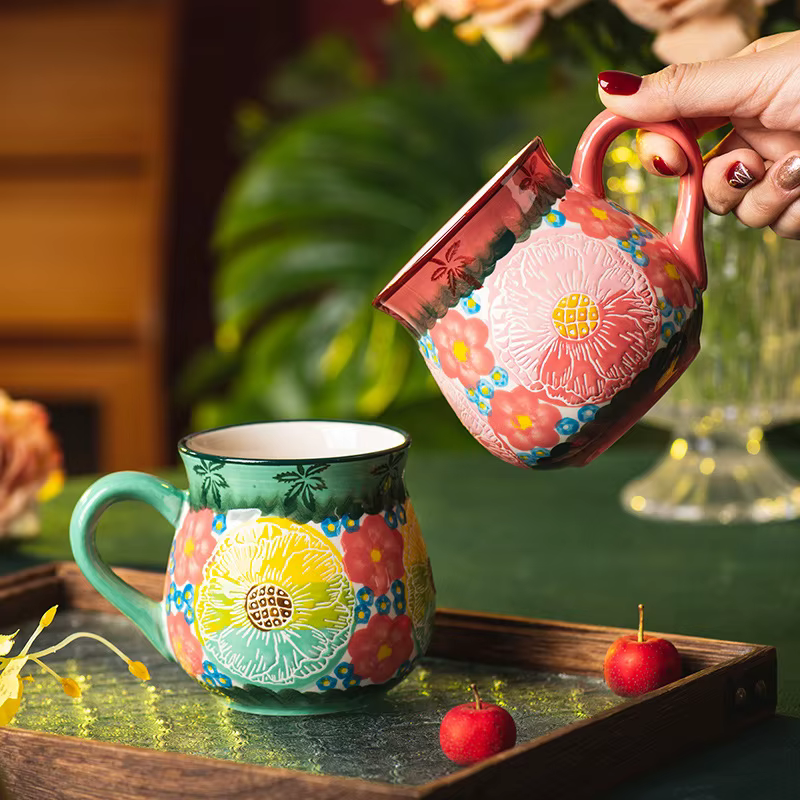 Tasse en céramique à fleurs Vintage faite à la main