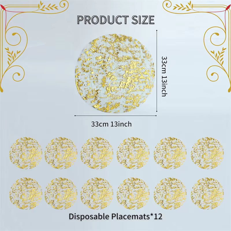 Set de Napperons Jetables Ronds en Feuille Métallique Dorée