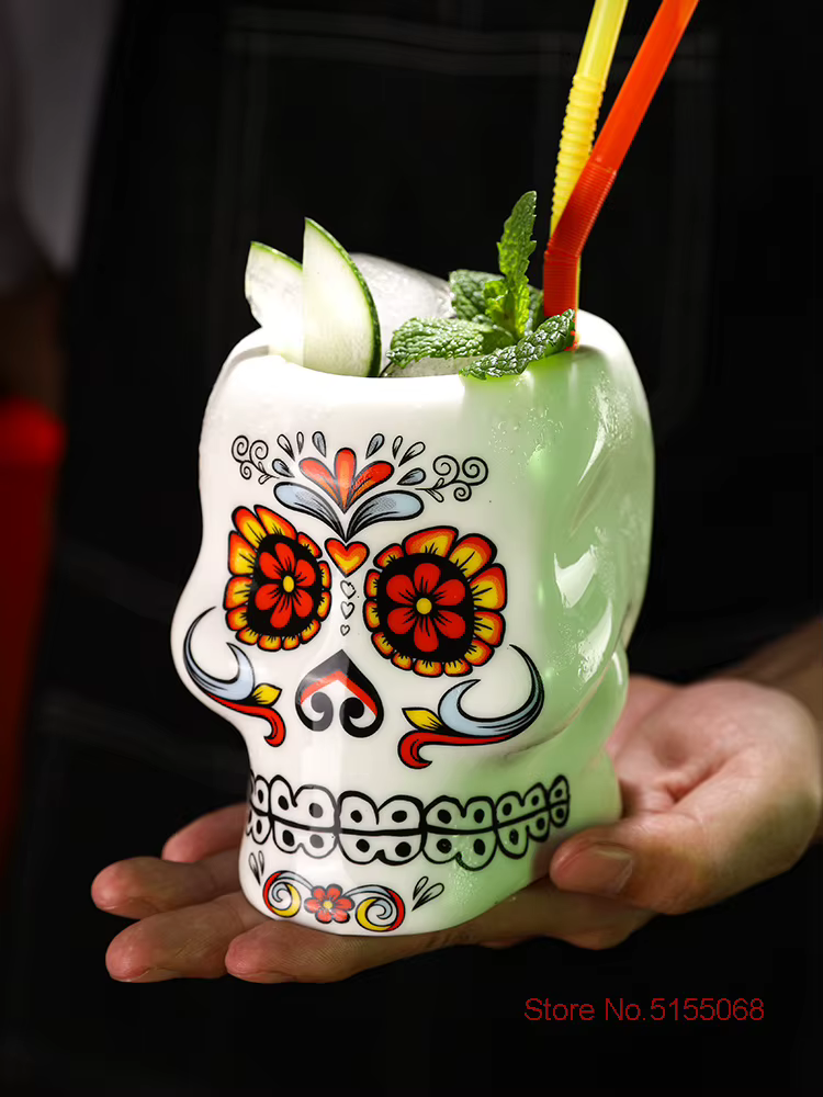 Verre à Cocktail en Céramique avec Motif de Fleur et Crâne