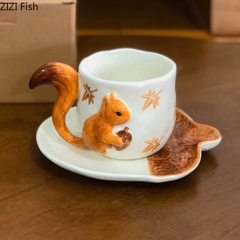 Tasse et soucoupe en porcelaine en Relief de feuille d'érable d'écureuil