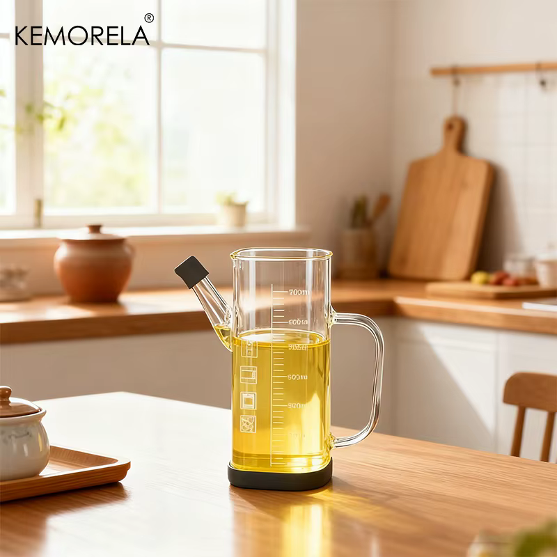 KEMORELA 1/2 pièces 700ml bouteille distributrice d'huile d'olive en verre avec marquages de mesure et verseur anti-goutte/fuite pour la cuisson des grillades