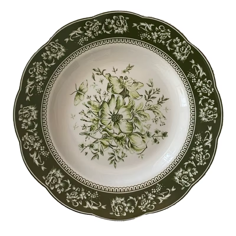 Assiettes à dîner en céramique en dentelle gaufrée de style rétro émeraude française