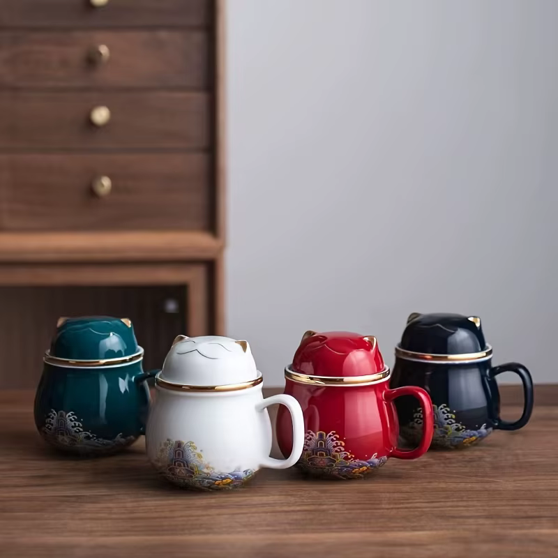 Tasse de bureau en céramique Lucky Cat avec filtre à thé et couvercle