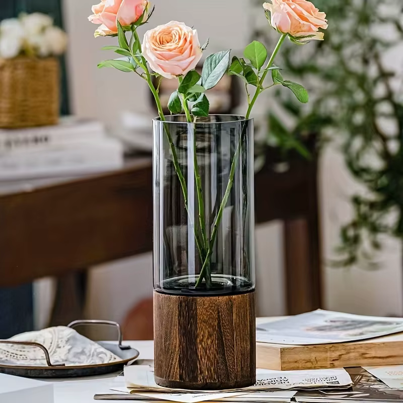 Vase en verre élégant avec Base en bois pour plantes hydroponiques