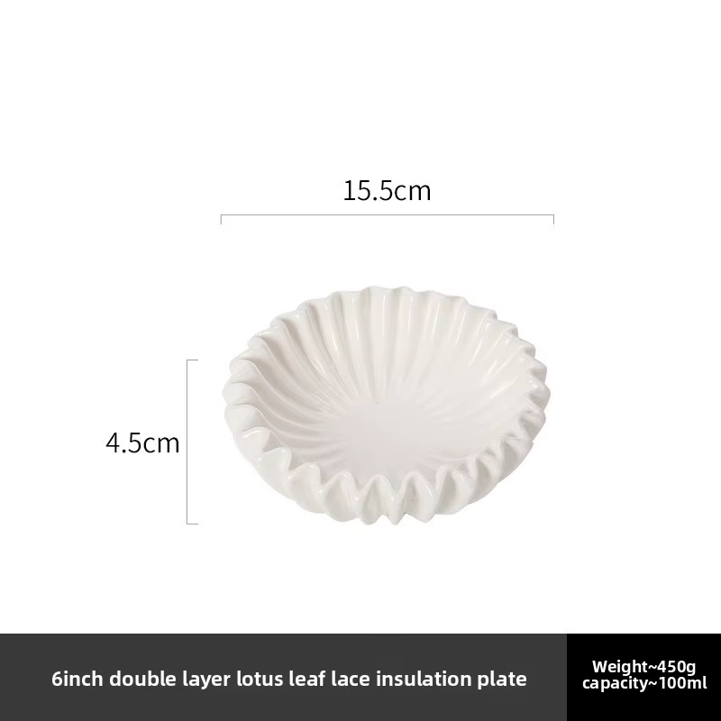 Assiette isolante en forme de feuille de lotus double couche en céramique blanche
