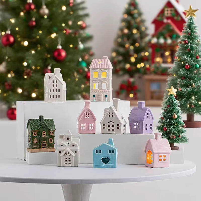 Décoration de noël porcelaine Miniature maison de Village lumière LED céramique château modèle