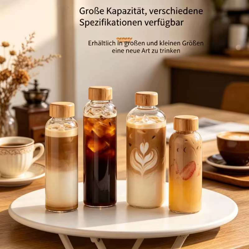 1 bouteille en verre borosilicate avec couvercles en bambou