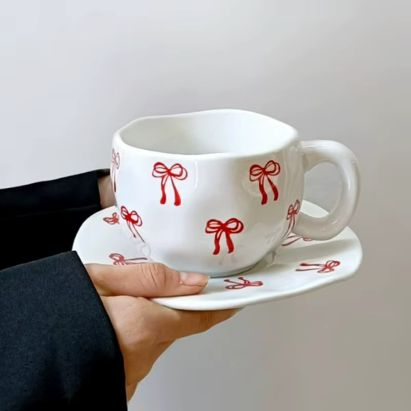 Style coréen mignon arc café tasse en céramique assiette ensemble créatif Vintage peint à la main ménage bureau lait petit déjeuner tasses d'eau nouveau