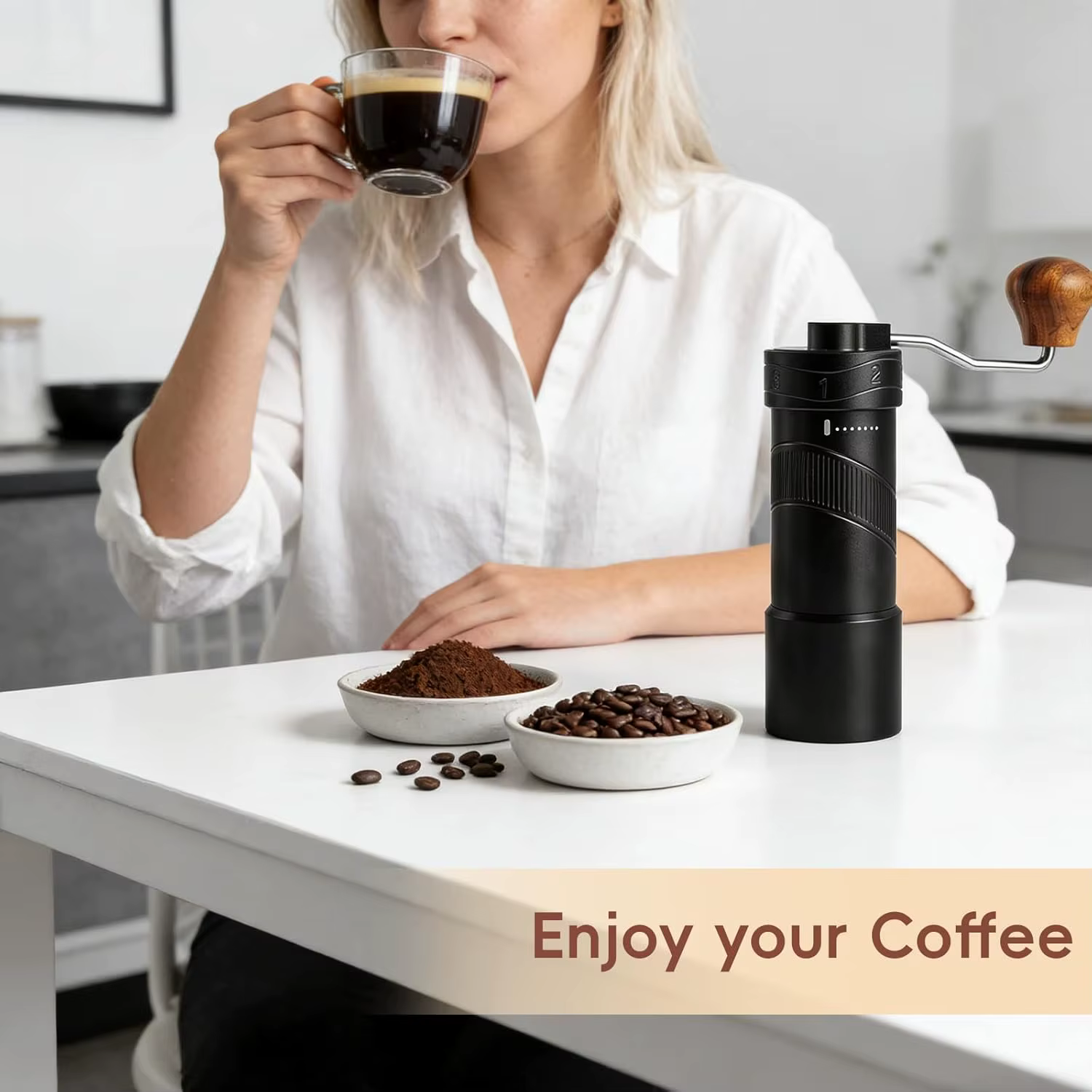 Moulin à café manuel avec 8 réglages de grosseur ajustables pour expresso