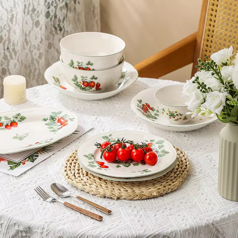 Ensemble d'assiettes et bols rétro aux fraises