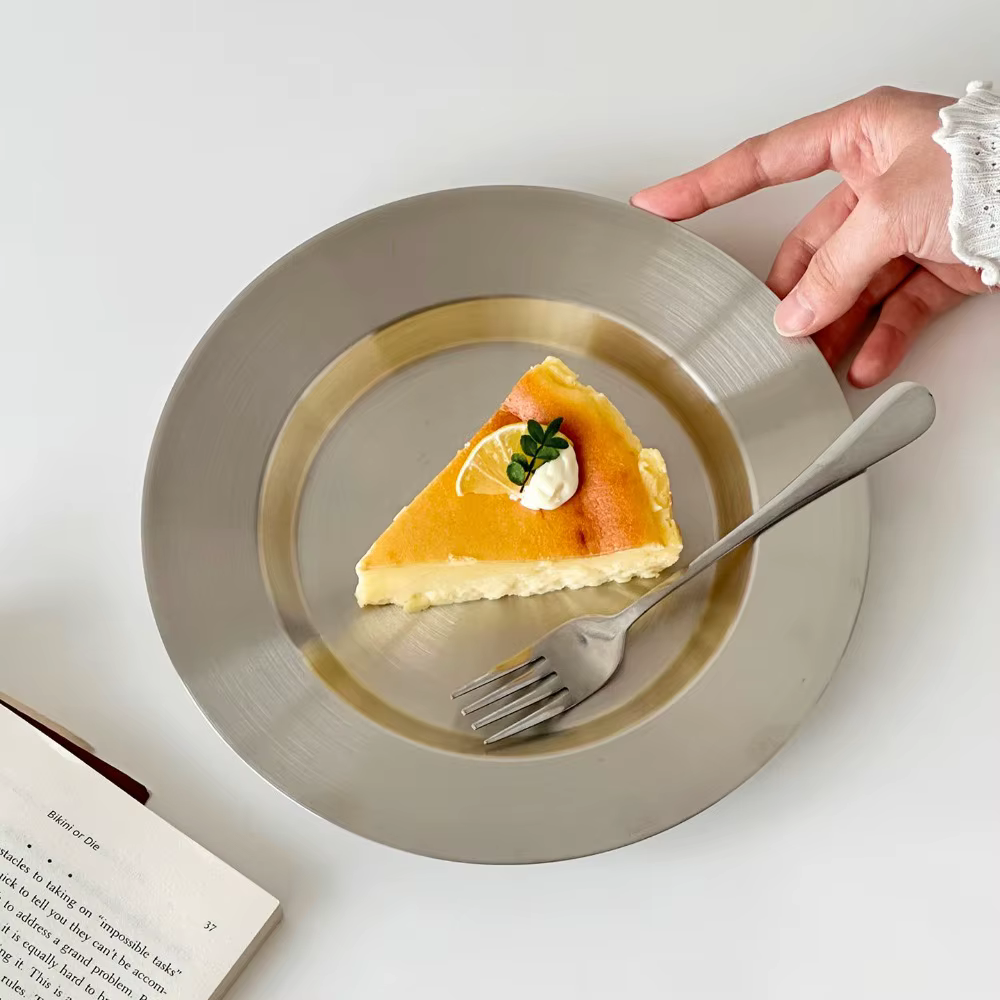 Assiette coréenne ronde en acier inoxydable pour steak
