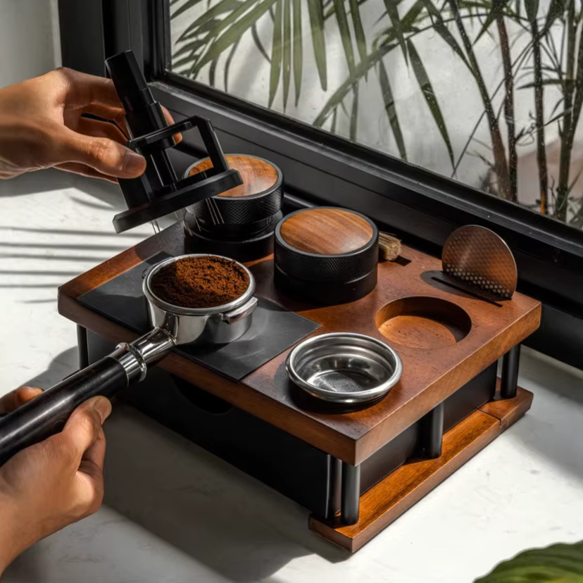 Station de bourrage de café en bois massif arrondi