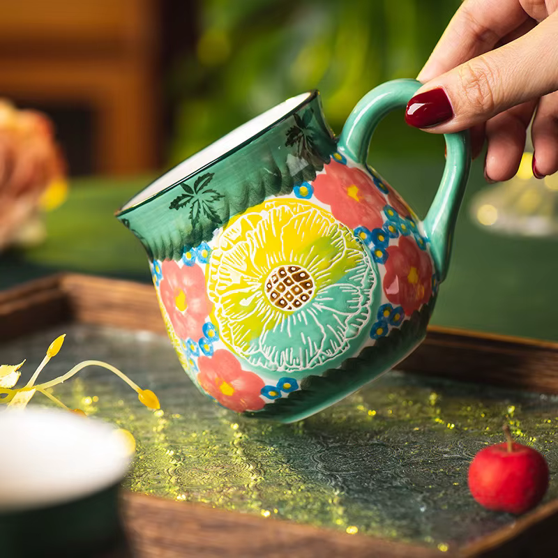 Tasse en céramique à fleurs Vintage faite à la main