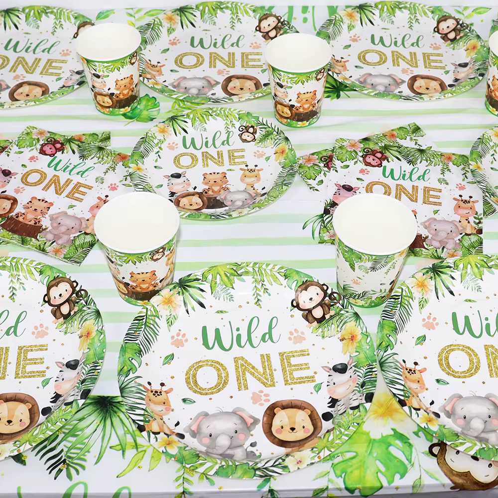 Décorations de fête d'anniversaire de la forêt et de la Jungle, ensemble de nappe avec animaux sauvages, fournitures de fête d'anniversaire pour Safari dans la forêt
