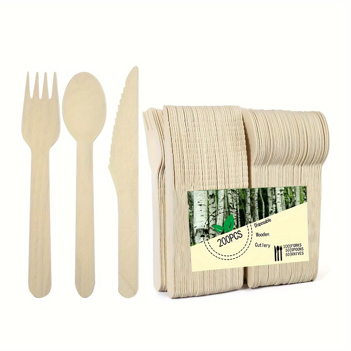 Un ensemble de couverts en bois de qualité supérieure – 100/200 ustensiles jetables (50/100 fourchettes