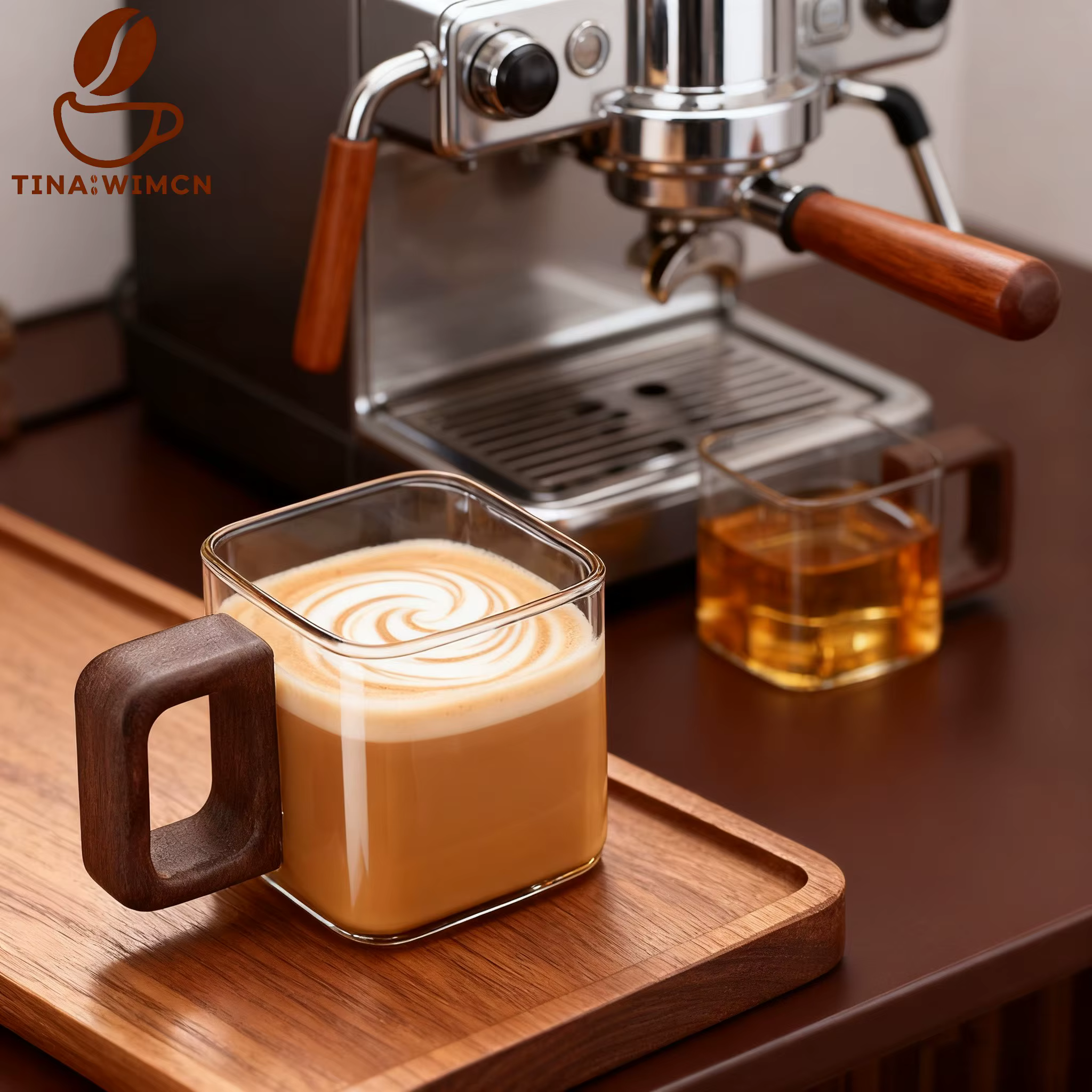 TINA WIMCN 4 pièces 90ml petite capacité tasse à café en verre moulu avec manche en bois de noyer maison petit déjeuner lait thé tasses Drinkware