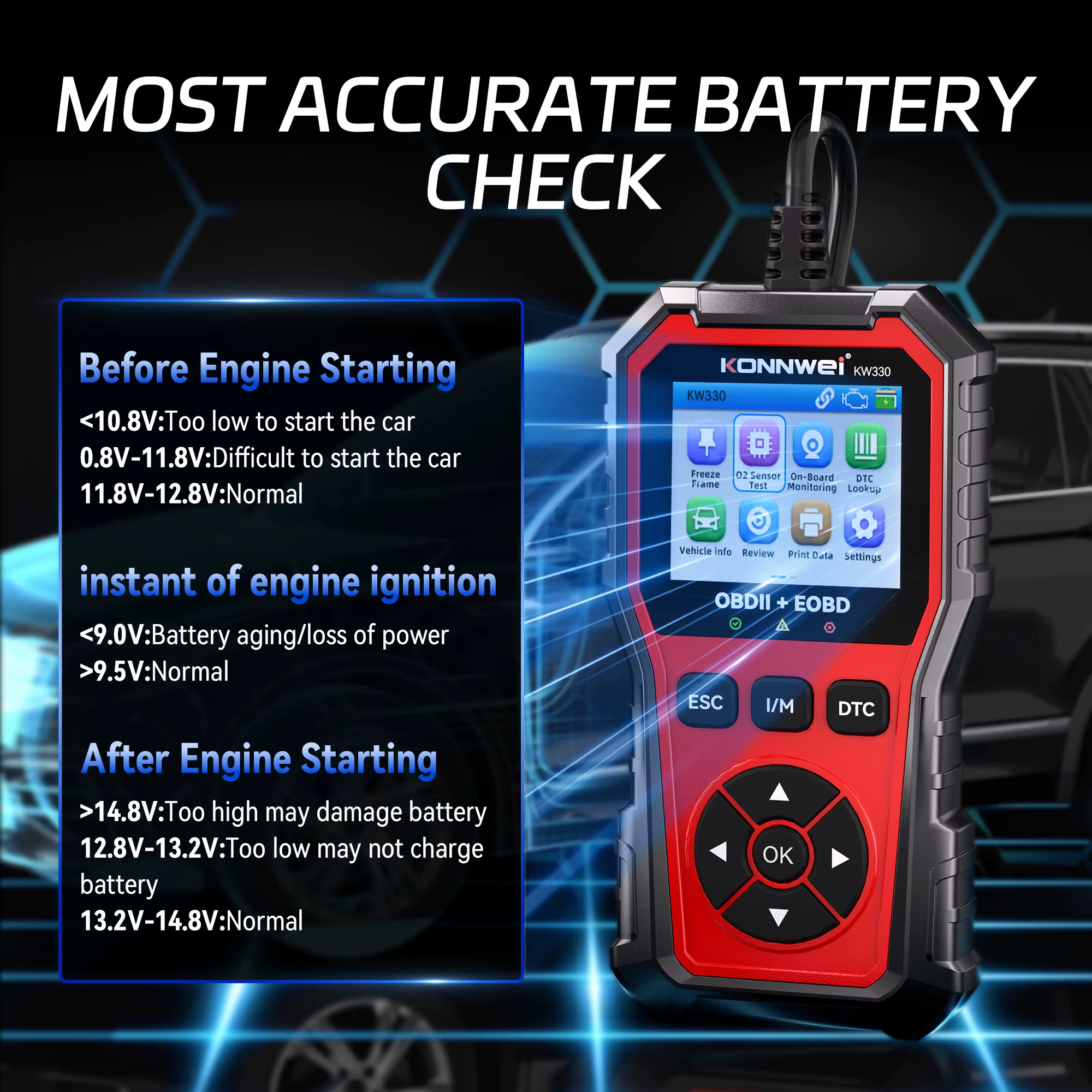 2026 KONNWEI KW330 – Scanner de défauts de voiture, Test de batterie du moteur, Code de défaut, données claires en temps réel, outil d'inspection professionnel OBD, 2026